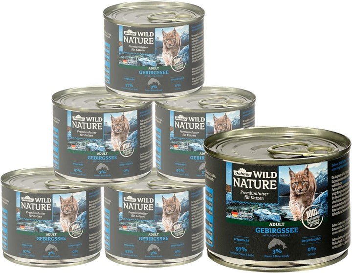 Dehner Wild Nature hrană pentru pisici Gebirgssee, hrană umedă fără cereale, pentru pisici adulte, somon / păstrăv, cutie 6 X 400 G (2,4 kg)