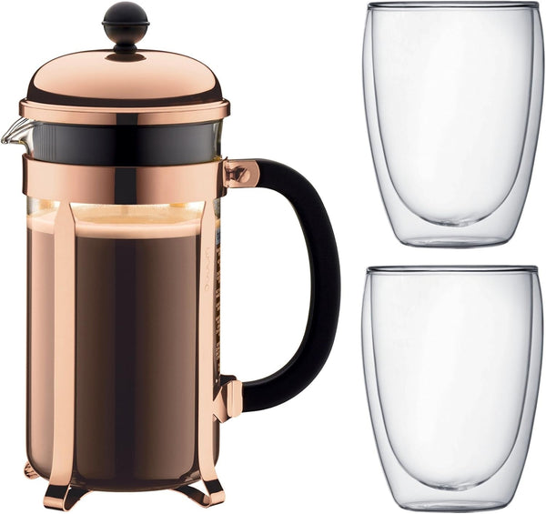 Bodum K1928-18-1 Chambord Set filtru de cafea 8 cești cu 2 pahare 35 Cl Pavina cu perete dublu, crom, 1 litru, roz, 14,9 X 26,8 X 32,5 cm