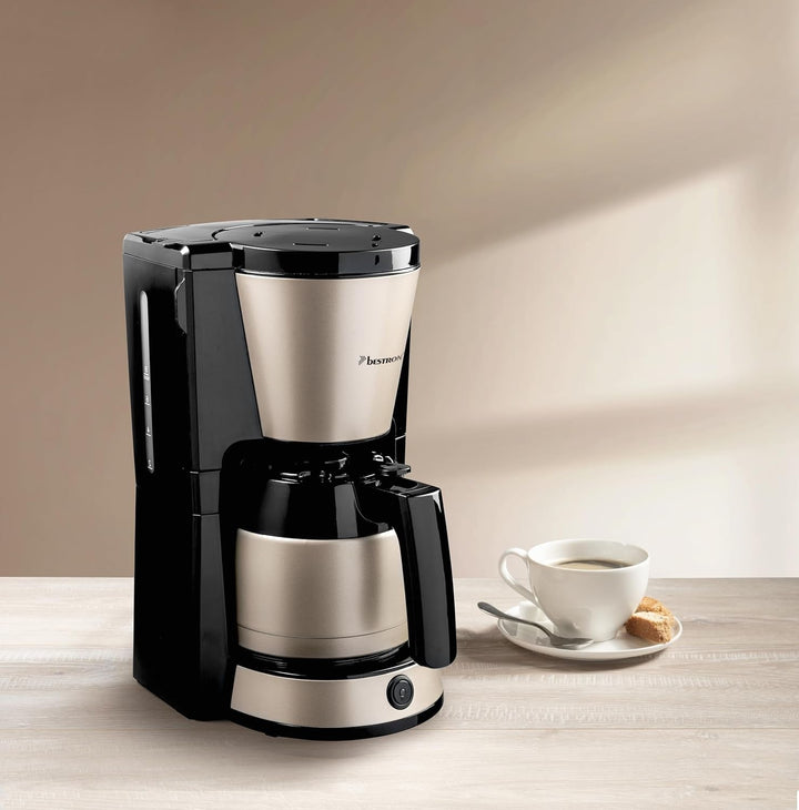 Cafetieră cu filtru Bestron pentru 8 cești de cafea, cafetieră cu cană termo de 1 litru, incl. filtru permanent și oprire automată, 900 W, culoare: bej deschis