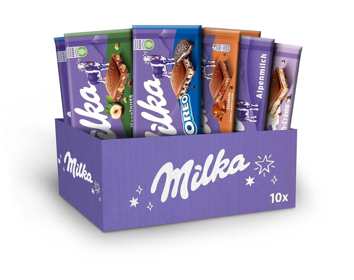 Milka Selection Box 1 Kg I 10 Schokoladentafeln Á 100G I 5 Verschiedene Milka Sorten I Inkl. Alpenmilch, Alpenmilchcréme, Haselnuss, Karamell, OREO I Tafelschokolade Geschenkbox I Schokoladen Geschenk