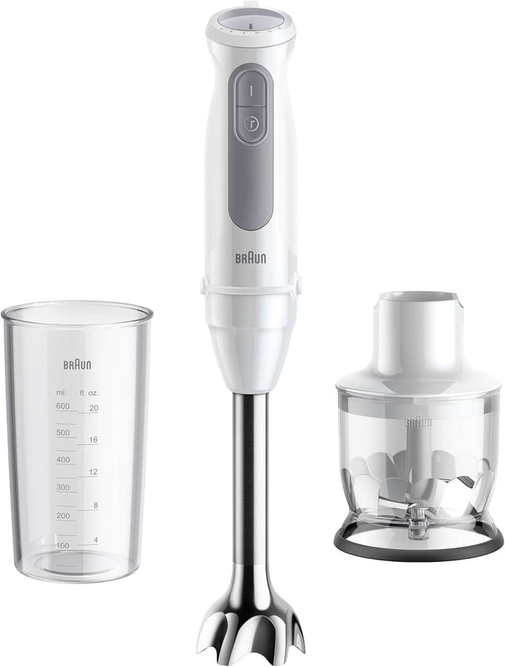 Braun Stabmixer MQ 5200WH - Multiquick 5 Vario Pürierstab Mit Edelstahl Mixfuß, 1000 Watt, Inkl. 600 Ml Mix- & Messbecher, Weiß/Grau