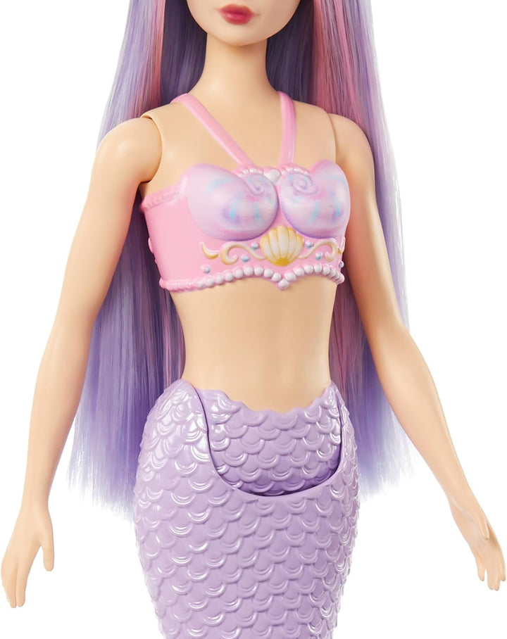 Păpușă sirenă Barbie cu păr fantezie în roz și lila cu bentiță, păpușă cu partea de sus din scoică și aripioară din coadă albastru lavanda, HRR06