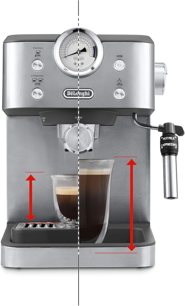 De'Longhi Linea Classic EM450.M portafilter machine, espressor cu spumă de lapte profesională, carcasă metalică completă, 15 bar, rezervor de apă de 1,7 litri, oțel inoxidabil/metal