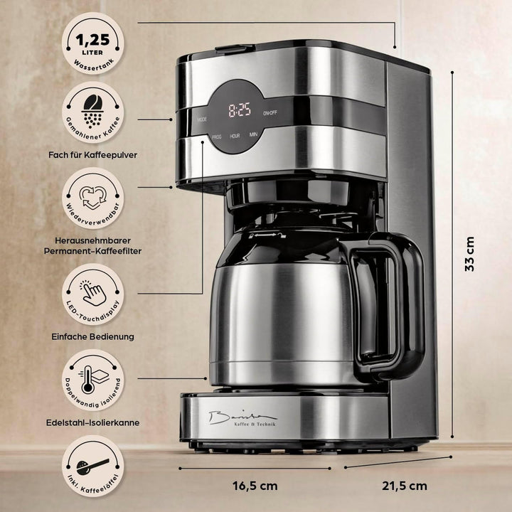 Espressor cu filtru Barista cu termos | Temporizator 24h și filtru permanent | Pentru 8 cești de cafea | Espressor pentru cafea măcinată [Oțel inoxidabil]