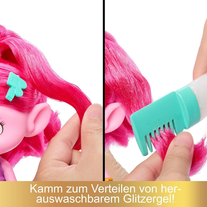 Mattel DREAMWORKS TROLLS Together Strong - păpușă de modă Hair-Tastic Queen Poppy - 15+ accesorii, pieptene cu sclipici, gel cu sclipici lavabil, pentru copii cu vârsta peste 3 ani, HNF25