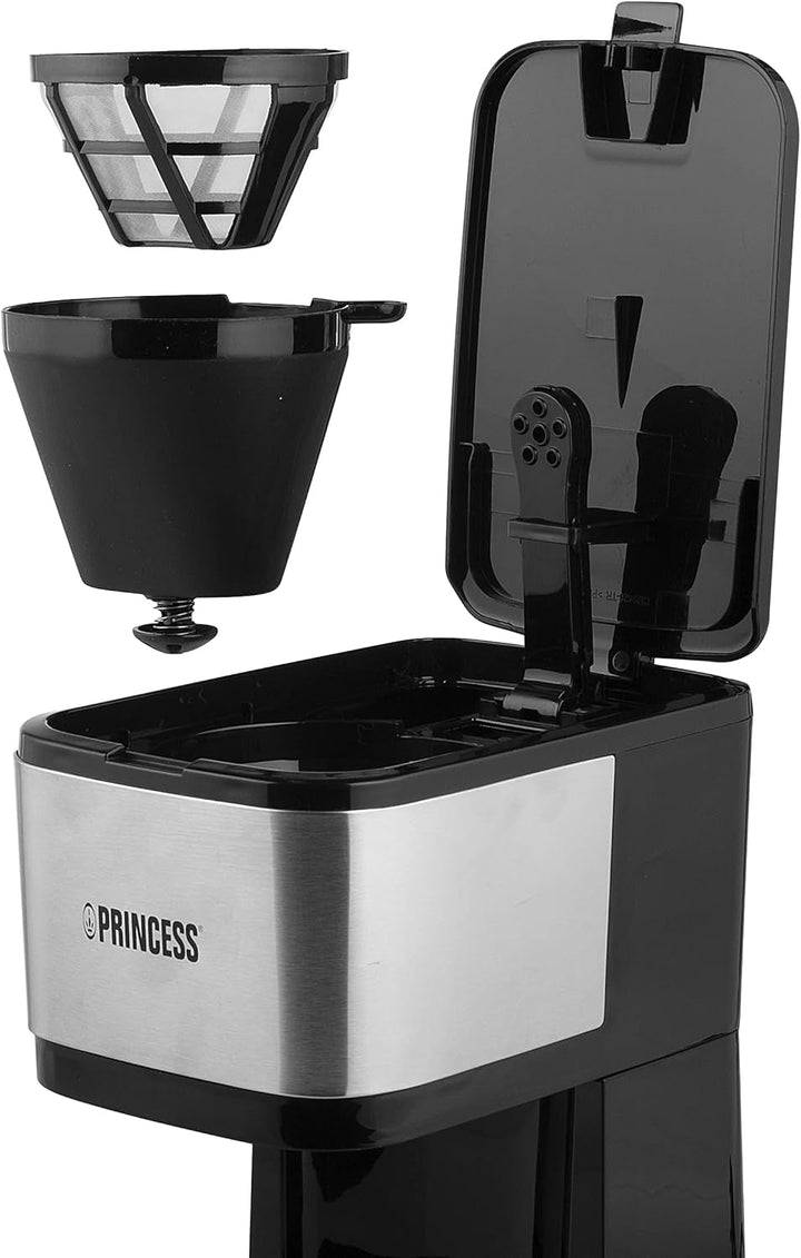 Cafetiera cu filtru Princess - ulcior de sticlă de 0,75 litri, 8 cești, oțel inoxidabil Cu filtru permanent, 600 Watt, 246030, negru, argintiu