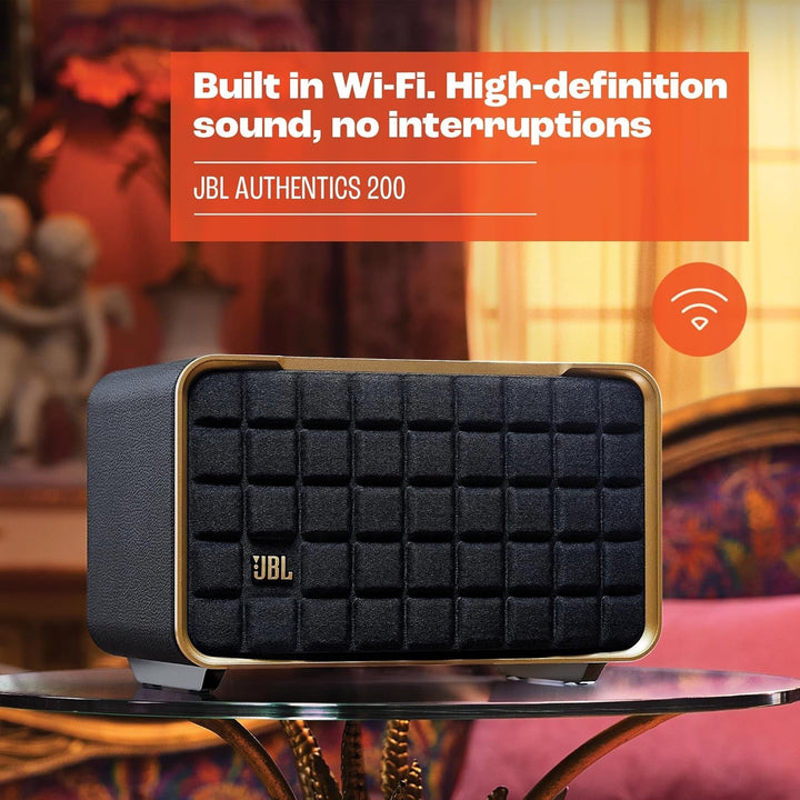 JBL Authentics 200 Smart Home Speaker - Difuzor Bluetooth cu design retro din anii '70 - Cu grilă Quadrex, Google Assistant, Alexa, Airplay și JBL One App - Negru