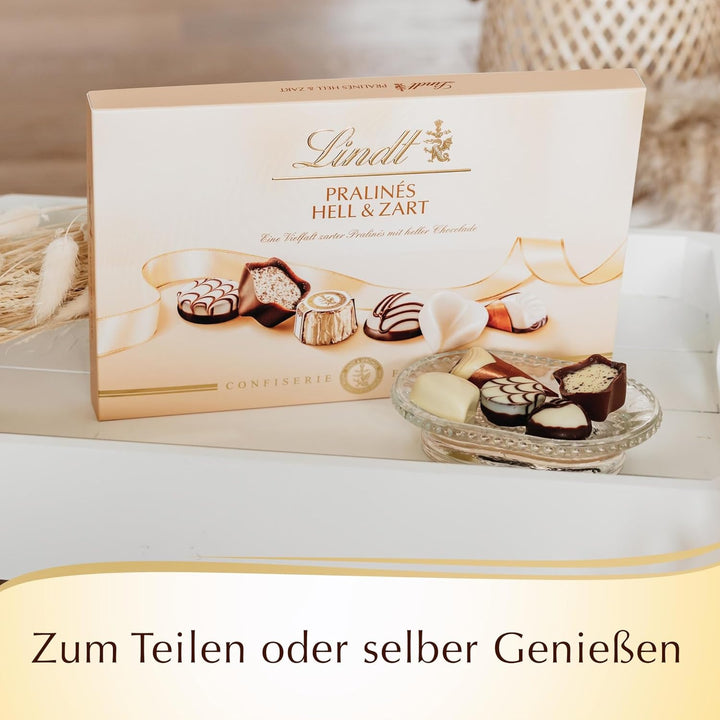 Lindt Schokolade - Pralinen Hell & Zart | Pralinés-Schachtel Mit 21 Heller Pralinen in 7 Köstlichen Sorten Mit Und Ohne Alkohol | Pralinengeschenk | Schokoladengeschenk | 200 G (1Er Pack)