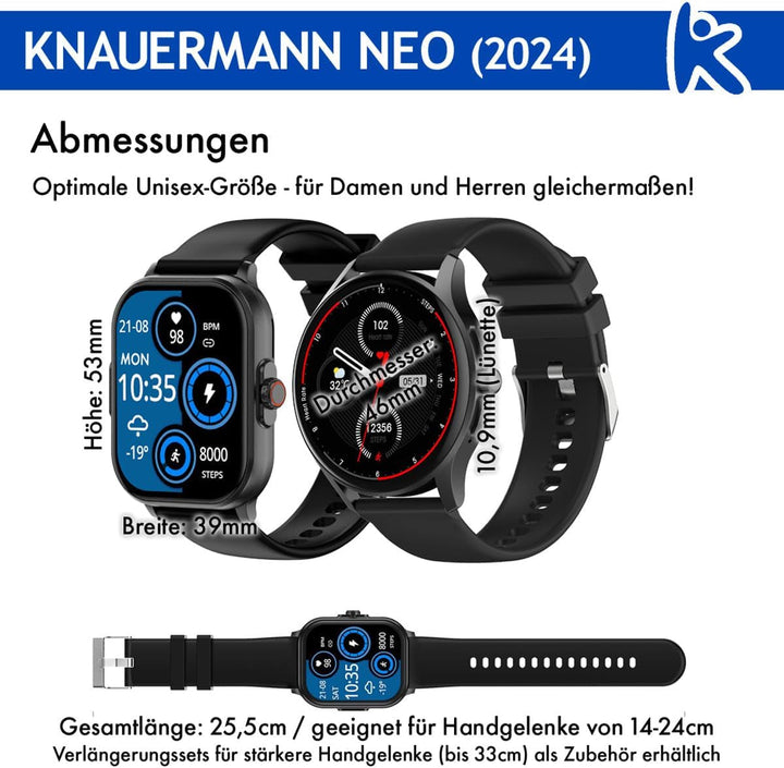 Neo (2024) Negru rotund - ceas de sănătate Smartwatch - ECG + funcție HRV - BT Bluetooth - Apnee de somn - Tensiune arterială - curea din silicon negru, 14-24