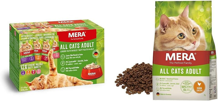 Mera Cats Adult Wet Food Multibox, pentru pisici adulte, fără cereale și sustenabilă, hrană pentru pisici cu conținut ridicat de carne din pui, vită, rață și somon, 12 X 85 G