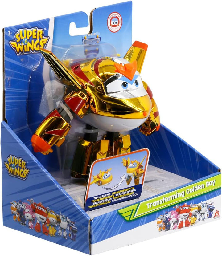 Super Wings EU750231 - Avion transformabil Golden Boy, aprox. 20,5 cm, figurină mare de joacă pentru copii, avion de jucărie transformabil și figurină robot