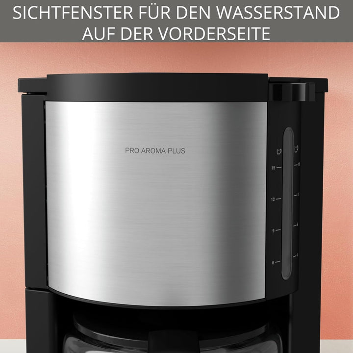 Cafetieră cu filtru Krups KM3210 Pro Aroma plus, 10 cești, 1,25 litri, funcție de menținere a căldurii timp de 30 de minute, fereastră vizibilă pentru nivelul apei, sistem anti-picurare, negru Cu aplicații din oțel inoxidabil
