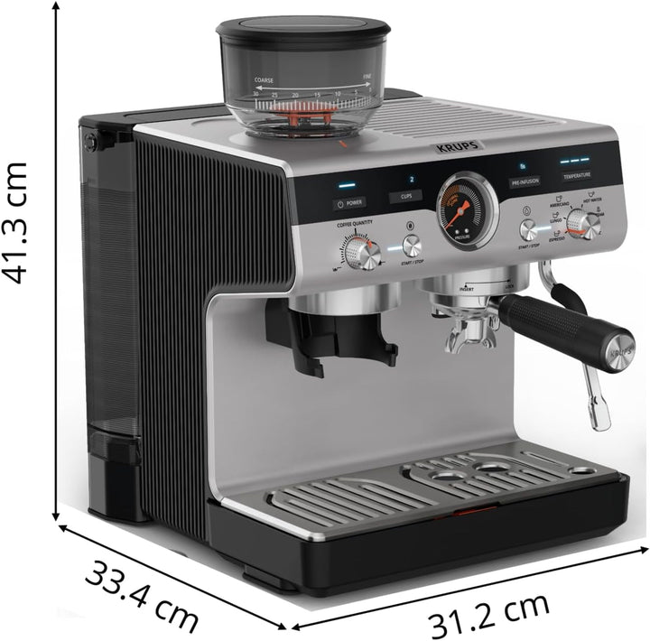 Krups Precision Mașină portafilter manuală Cu râșniță, Mașină de cafea Barista Cu panou de control intuitiv, Setări de pre-infuzie, Mașină espresso Cu duză de abur, Încălzire rapidă, XP801T10