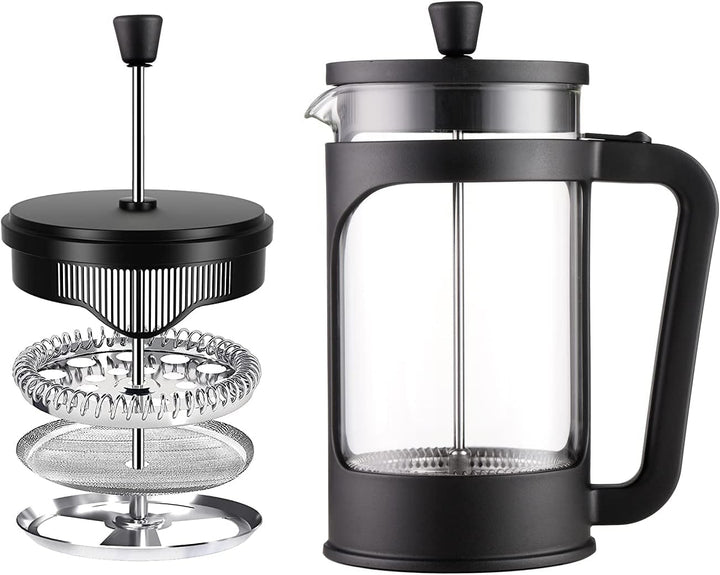 Four - Cafetieră/teapot franțuzesc, 1 litru / 34 oz, sticlă borosilicată rezistentă la căldură, filtru din oțel inoxidabil și capac negru