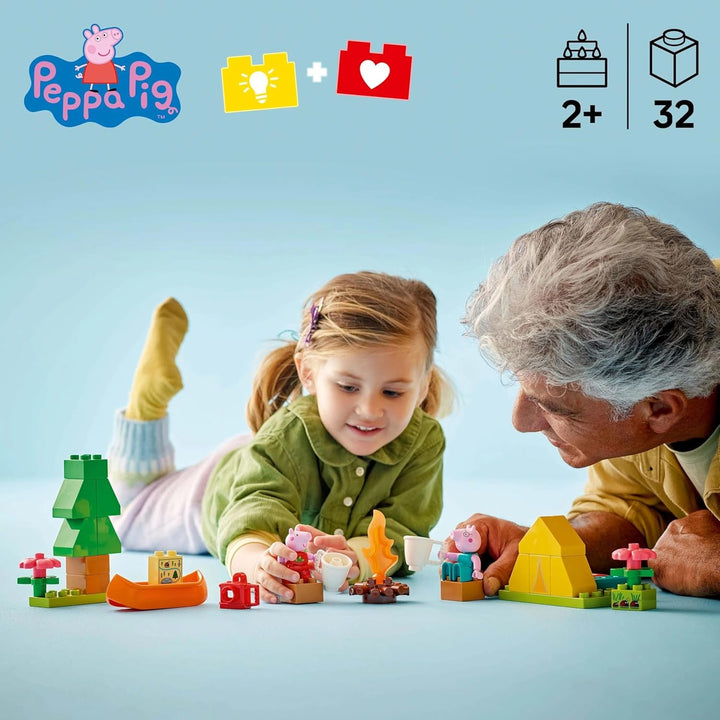 LEGO DUPLO Peppa Wutz Camping Trip - jucărie educativă pentru băieți și fete de la 2 ani - include cort, canoe, foc de tabără și 2 minifigurine - jucărie pentru activități motorii, sortare după culoare 10452