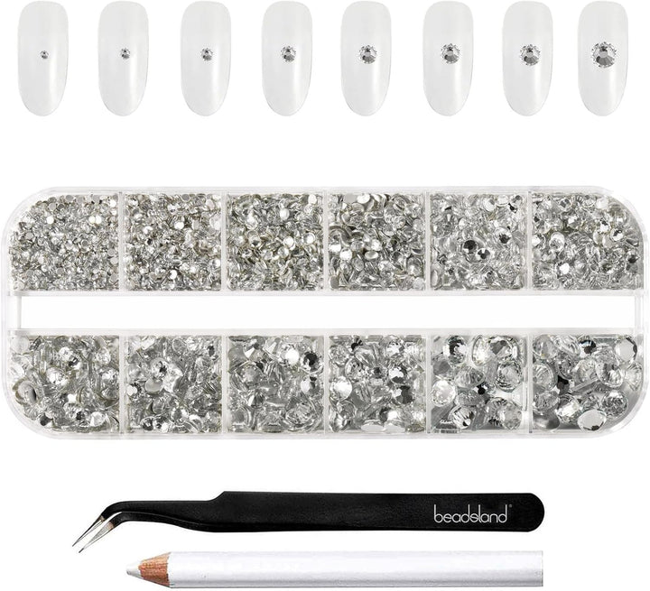 Beadsland 2500Pcs Glas Nailart Strasssteine Kristall Flatback Edelsteine Runde, ​​Für Handwerk Gemischt 8 Größen SS4 ~ SS30 Mit Picking Pinzette Und Stift (Kristall Weiss)