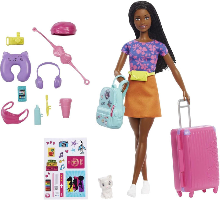 Păpușă Barbie, Travel Barbie cu păr blond, 10+ accesorii de călătorie, autocolante, valiză, cățeluș, incl. 1 păpușă, cadou pentru copii, jucărie de la 3 ani,Hjy18