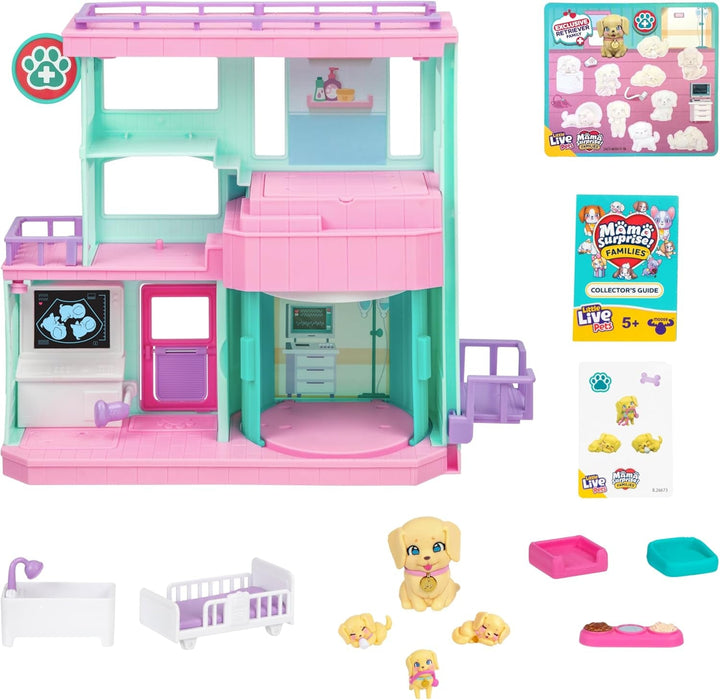 Little Live Pets Mama Surprise Families Baby Clinic Playset, 3 cățeluși Retriever incluși, Magic, Playset cu două fețe (27,8 cm lățime, 23,8 cm înălțime). Hrănire, îmbăiere și joacă, cadou pentru copii