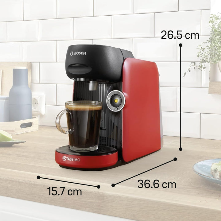 Mașină de cafea cu capsule Bosch Tassimo Finesse TAS16B7 Mașină de cafea By, 70 de băuturi, cafea mai intensă la apăsarea unui buton, deconectare automată, dozare perfectă, economie de spațiu, 1400 W, roșu