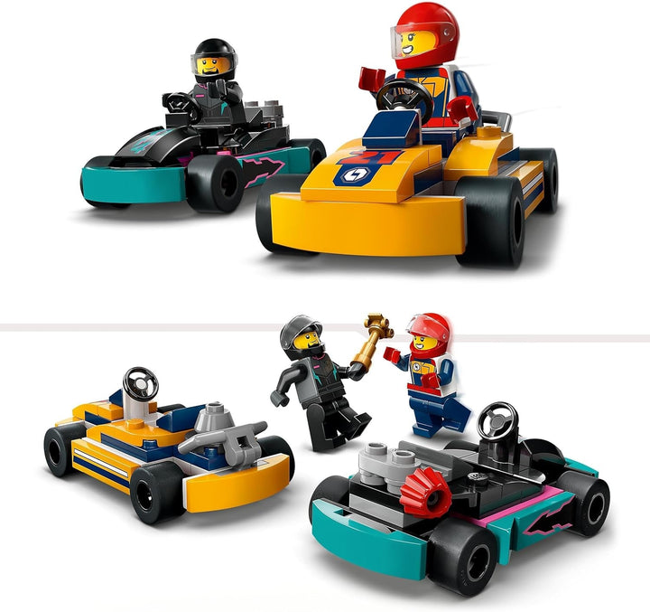 LEGO City Go-Karts cu piloți, set cu 2 minifigurine de piloți și mașini de curse, jucărie pentru mașini de la 5 ani pentru băieți și fete, cadou distractiv pentru copii 60400