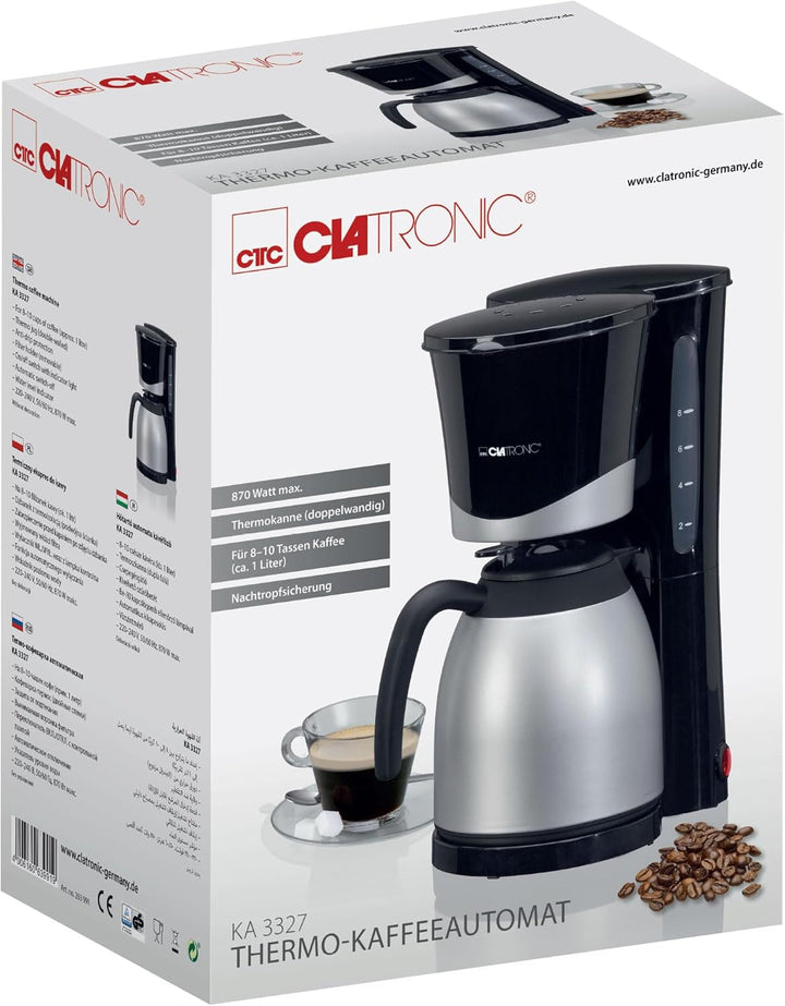 Cafetieră Clatronic® cu termos | Pentru 8-10 cești de cafea | Fără pierderi de temperatură | Cafetieră cu filtru | 1 litru | Mașină de cafea | Cafetieră cu filtru cu termos | KA 3327 negru