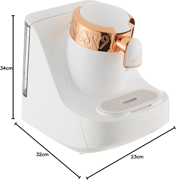 Cafetieră turcească Arzum Okka, Complet automată, 3 dimensiuni cești, Funcție de auto-curățare, Rezervor de apă 950 Ml, Senzor de supraprotecție, Design compact, Alb