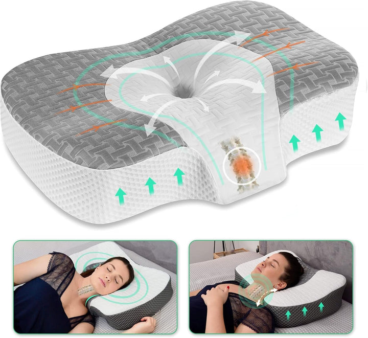 Pernă ortopedică Elviros din spumă cu memorie, pernă pentru dureri de gât, pernă de dormit, pernă ergonomică pentru gât, pernă de susținere a gâtului, pernă anti sforăit pentru cei care dorm pe o parte, cei care dorm pe stomac, alb