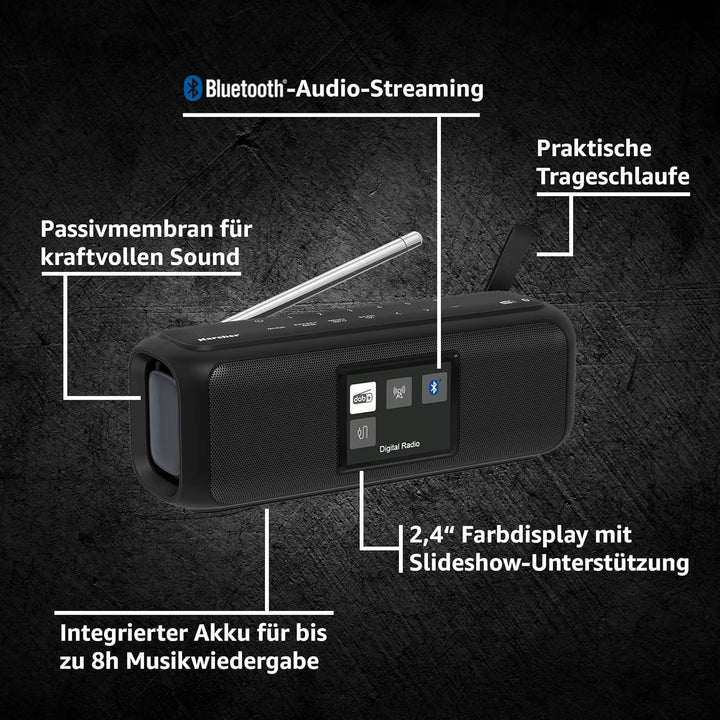 Karcher DAB Go Difuzor Bluetooth portabil și radio digital DAB+ / FM cu afișaj color de 2, 4" / ceas cu alarmă / sunet stereo de 5 wați / USB-C / baterie reîncărcabilă, negru
