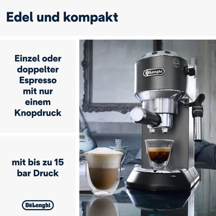 De'Longhi Dedica Style EC 685.B – Espressor portafiltru, espressor cu spumator de lapte profesional, doar 15 cm lățime, pentru cafea măcinată sau capsule ESE, rezervor de apă de 1 L, negru