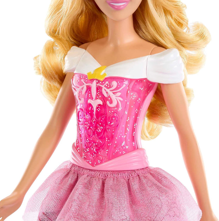 Mattel DISNEY Prințesa Aurora - păpușă cu ținută tipică, pantofi detașabili și diademă, top strălucitor și fustă detașabilă cu model, păr lung de coafat, HLW09