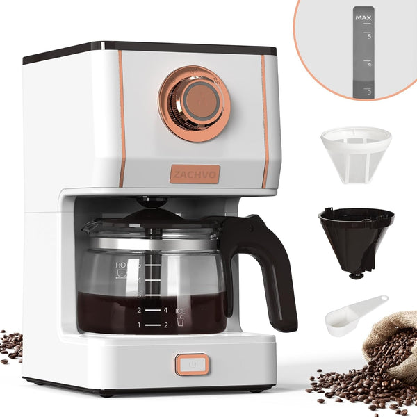 ZACHVO filtru de cafea cu ulcior de sticlă, filtru de cafea, 5 cești, capacitate 650ml, filtru reutilizabil, oprire picurare, oprire automată, funcție de menținere la cald 30min, 3 moduri de preparare