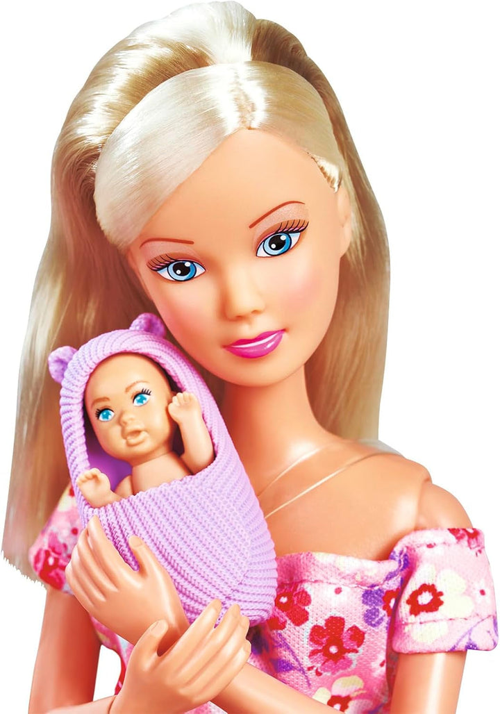 Simba 105733680 Steffi LOVE Doll Hello Baby (29 Cm) - Păpușă de joacă gravidă cu burtă în creștere, păpușă și accesorii - jucărie pentru copii pentru fete și băieți de la 3 ani, negru