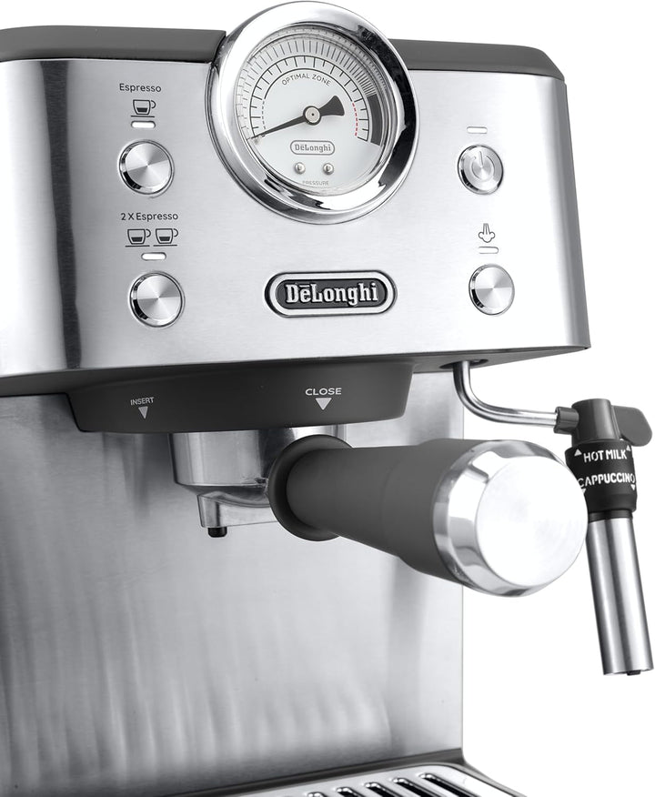 De'Longhi Linea Classic EM450.M portafilter machine, espressor cu spumă de lapte profesională, carcasă metalică completă, 15 bar, rezervor de apă de 1,7 litri, oțel inoxidabil/metal
