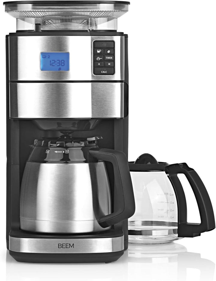 BEEM FRESH-AROMA-PERFECT II Cafetieră cu filtru și râșniță - Termo | Oțel inoxidabil | Ulcior termo | Cronometru 24 ore | 1000 W | Recipient pentru boabe 180 G