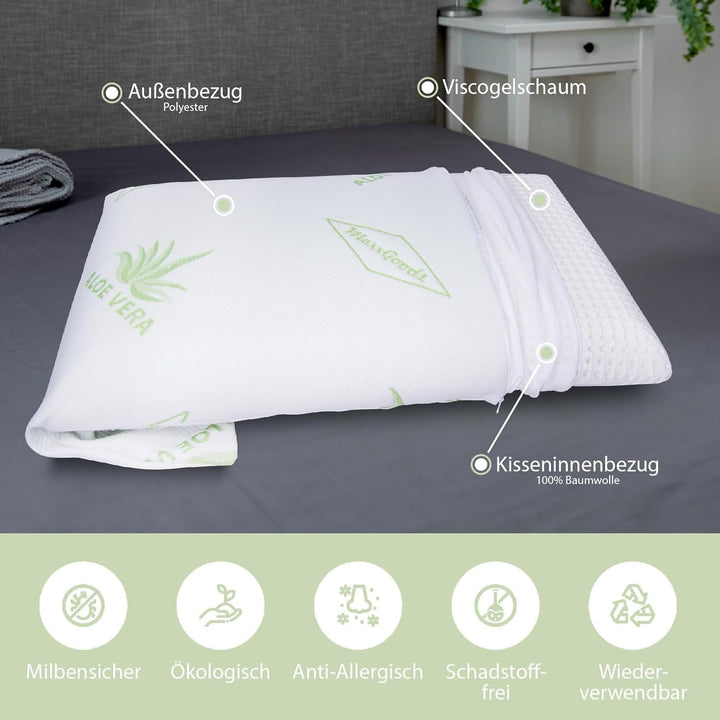 Maxxgoods pernă ortopedică, pernă de susținere a gâtului din spumă visco gel cu capac de protecție aloe vera și capac interior 100% bumbac - pernă pentru dormit pe stomac, spate și lateral (42Cm X 70Cm X 12Cm)