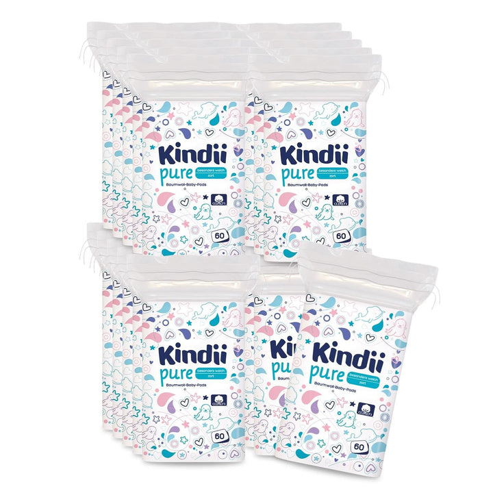 Kindii Pure Baby Pads - 100% Baumwolle - Große Quadratische Pads Für Empfindliche Haut - Ersetzt Feuchttücher - Weich - Weiche Kanten - Kein Ausfransen - 60 Stück.