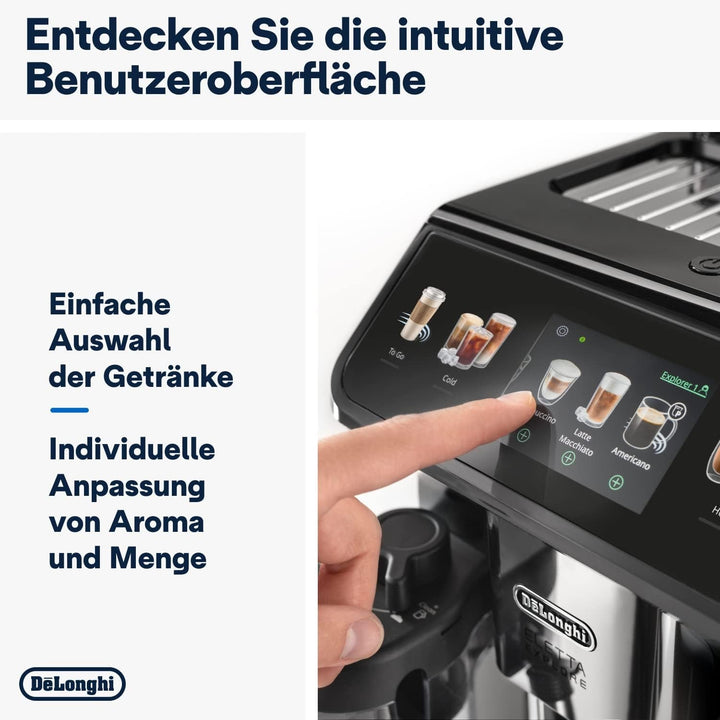 De'Longhi Eletta Explore Cold Brew ECAM452.67.G Espressor complet automat cu sistem Latte Crema Milk, băuturi calde și reci prin simpla apăsare a unui buton, ecran tactil color TFT de 3,5 inci, include cafetieră, gri închis