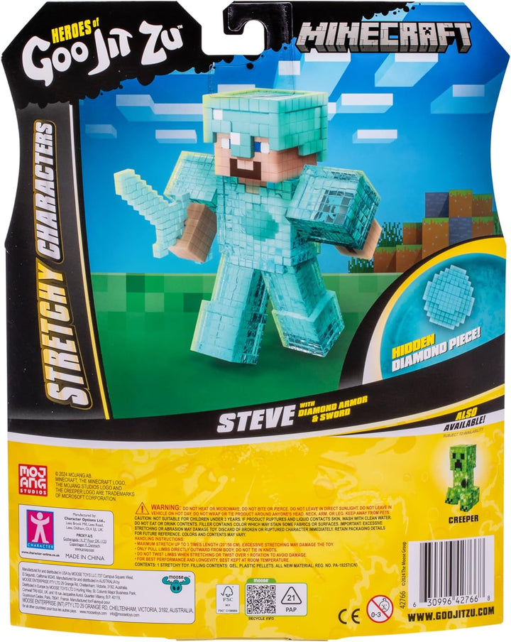 Heroes of Goo Jit Zu - figură Minecraft extensibilă - Steve cu armură și sabie de diamant, umplutură Goo super elastică cu element de diamant ascuns în interior, extensibilă până la trei ori dimensiunea