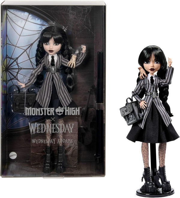 Păpușă și accesorii Monster High Wednesday, figurină de colecție Wednesday Addams în uniforma Nevermore Academy cu mână și rucsac Icy Cold, suport pentru păpușă, HXJ04