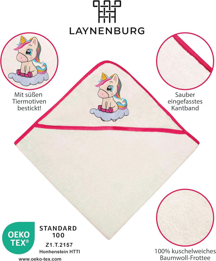 LAYNENBURG Premium Kapuzenhandtuch Baby - Badehandtuch Aus 100% Baumwolle - Oeko TEX - Handtuch Mit Kapuze Für Neugeborene & Kinder - Badetuch, Babyhandtuch Mädchen, Jungen (Einhorn 80 X 80Cm)