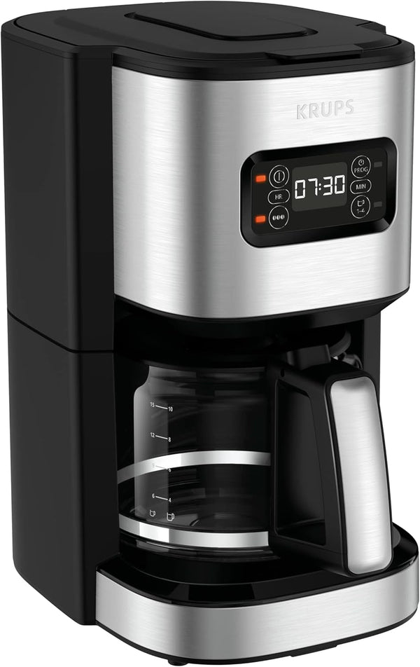 Cafetieră cu filtru programabil Krups KM480D Excellence din oțel inoxidabil, cronometru de 24 de ore, cap de apă pentru selectarea puterii de preparare, mod de preinfuzie, sistem anti-picurare, capacitate 1,25 litri, 15 cești