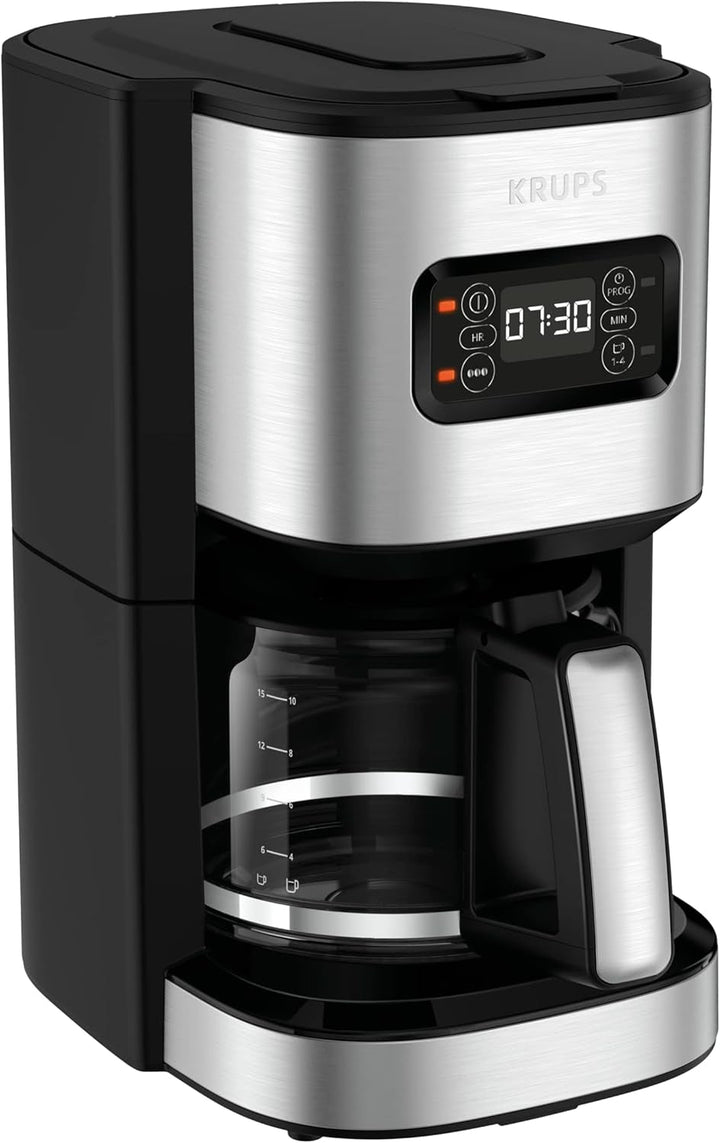 Cafetieră cu filtru programabil Krups KM480D Excellence din oțel inoxidabil, cronometru de 24 de ore, cap de apă pentru selectarea puterii de preparare, mod de preinfuzie, sistem anti-picurare, capacitate 1,25 litri, 15 cești
