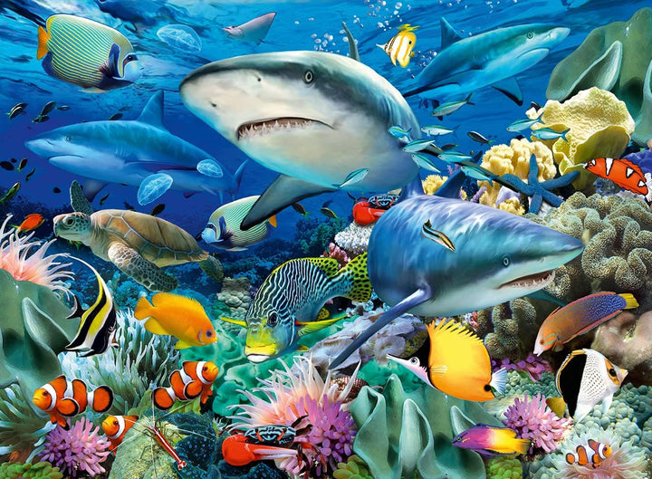 Ravensburger puzzle pentru copii - 10951 Reef Of Sharks - Puzzle cu lumea subacvatică pentru copii de la 6 ani, cu 100 de piese în format Xxl