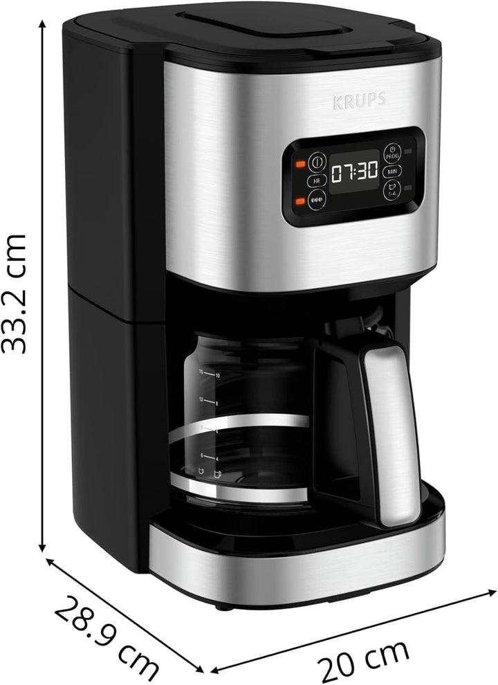 Cafetieră cu filtru programabil Krups KM480D Excellence din oțel inoxidabil, cronometru de 24 de ore, cap de apă pentru selectarea puterii de preparare, mod de preinfuzie, sistem anti-picurare, capacitate 1,25 litri, 15 cești