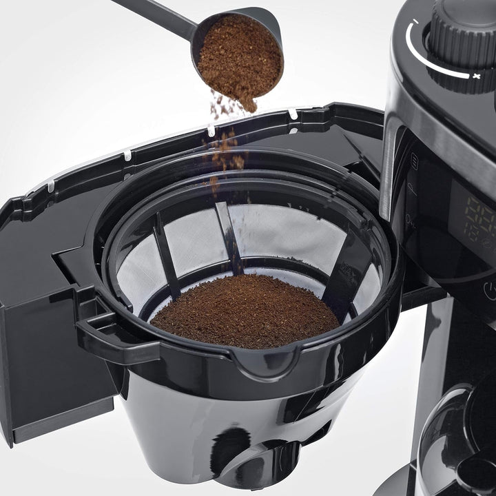 SEVERIN Filtru de cafea cu râșniță din oțel inoxidabil și ulcior termo, măcinare fină și nivel de măcinare selectabil individual, 1000 W, pentru până la 8 cești / Aprox. 1 litru, negru, KA 4814