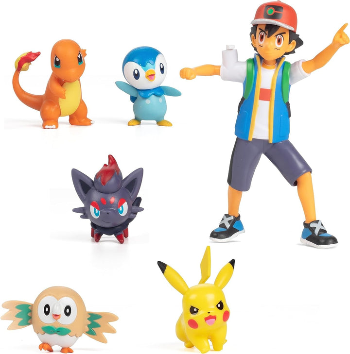 Pokémon Battle Ready! Set de figurine 6 piese - 11.4 Cm Ash & Launching Pikachu, 5.1 Cm Charmander, Rowlet, Piplup, Zorua - Licențiat oficial - Cadou de Paște pentru copii, băieți, fete
