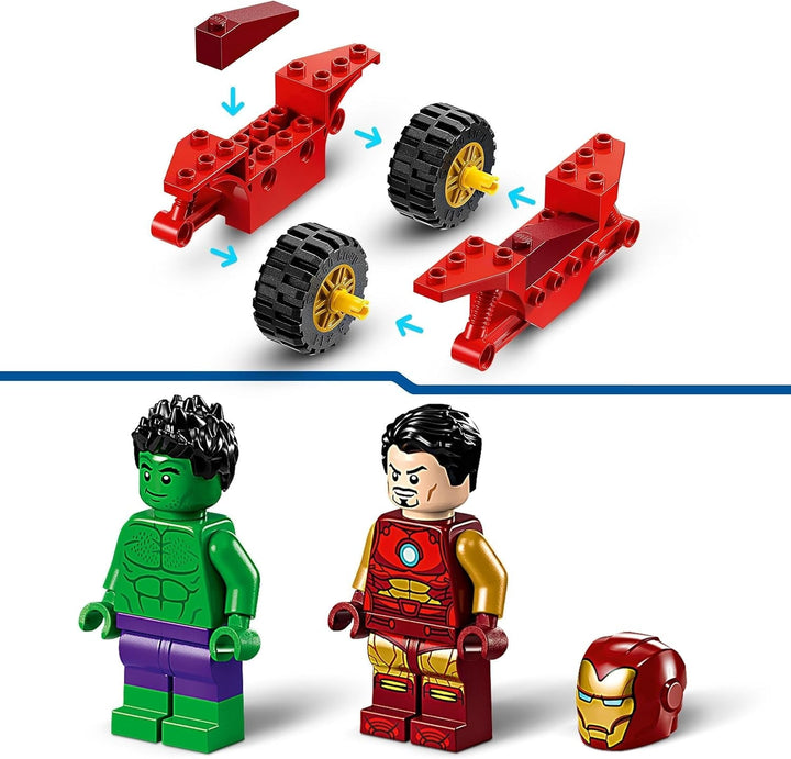 LEGO Marvel Iron Man cu bicicletă și Hulk, jucărie de construit supereroi pentru copii, set de colecționat cu bicicletă și minifigurine, cadou pentru fete și băieți de la 4 ani 76287