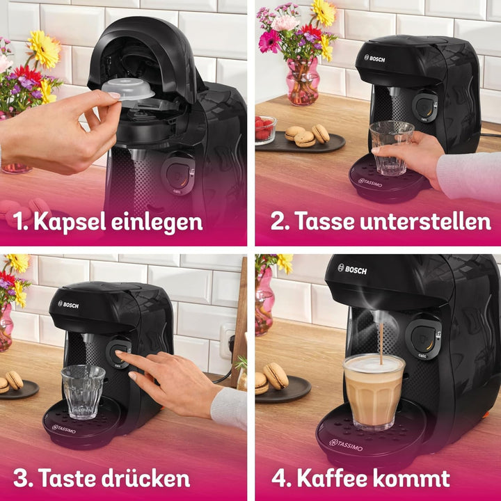 Espressor cu capsule Bosch Tassimo Happy Friendly TAS102E, Peste 70 de băuturi, Potrivit pentru toate tipurile de căni, Oprire automată, Sustenabil, Dozare perfectă, Economie de spațiu, 1400 W, Negru