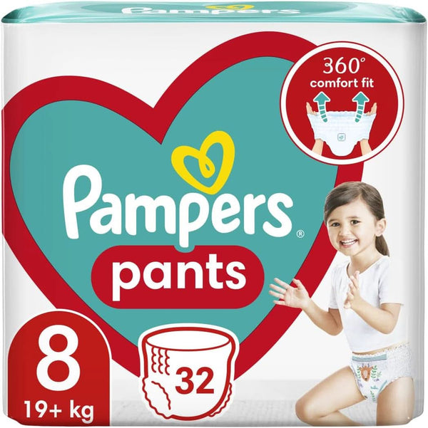 Pampers Pants scutec mărimea 8 (19+ kg), 32 bucăți, scutece cu Stop & Protect anti-picurare la spate