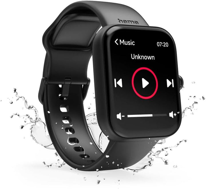 Hama Smartwatch (ecran color 1.65", funcție telefon, Whatsapp, e-mailuri etc., asistent vocal, rezistent la apă, fitness tracker cu 100 de sporturi + ritm cardiac, oxigen din sânge, calorii etc.) negru
